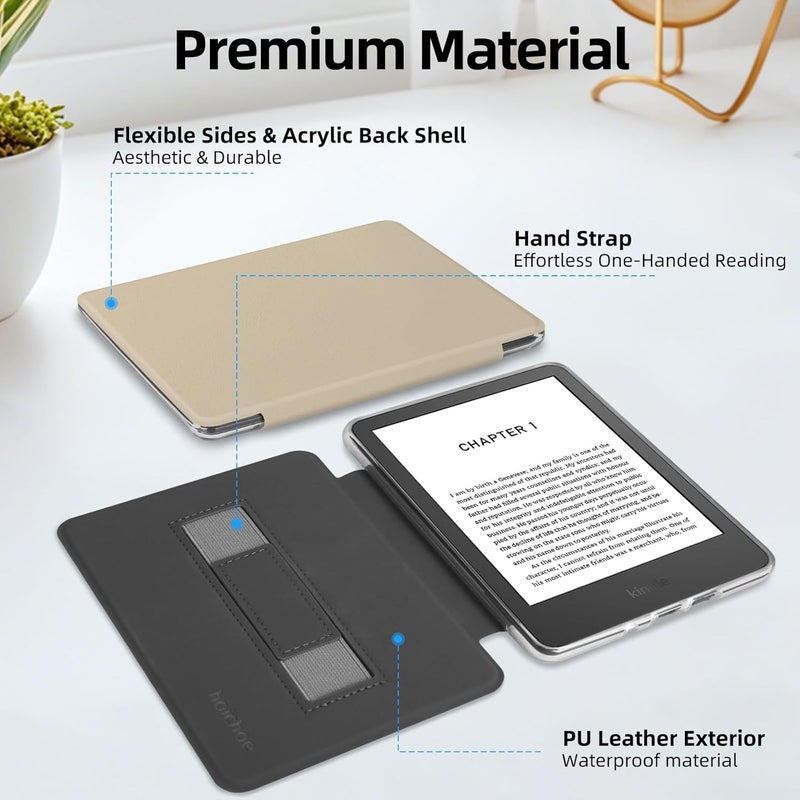 HOICHOE Case for 6" Kindle 2024/2022 Release (11 Generation), Light PU Leather Cover and Transparent Hard Back Shell with Hand Strap, Auto Sleep/Wake, Oat Coffee - Image 4